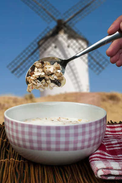 Muesli café da manhã em um arco e colher — Fotografia de Stock