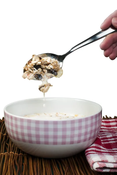 Muesli breakfast in a bow and spoon — Stock Photo, Image