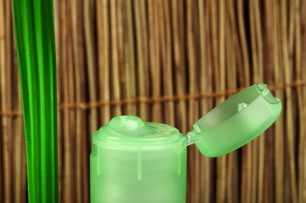 Bottiglia cosmetica verde e foglia — Foto Stock