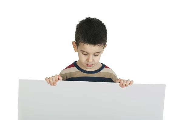 Kleine jongen een whiteboard houden — Stockfoto