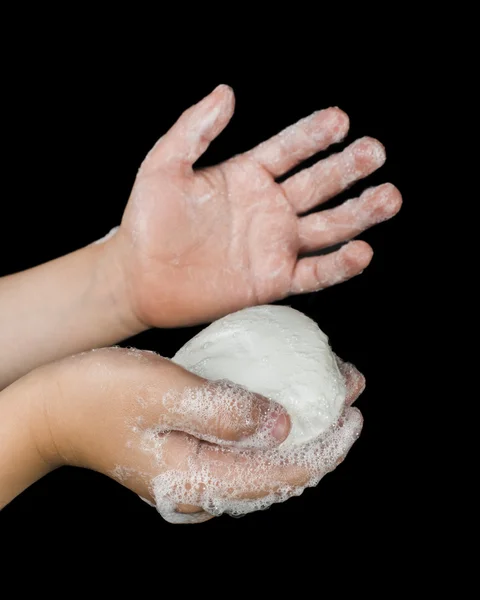 Lathered 的手和肥皂 — 图库照片