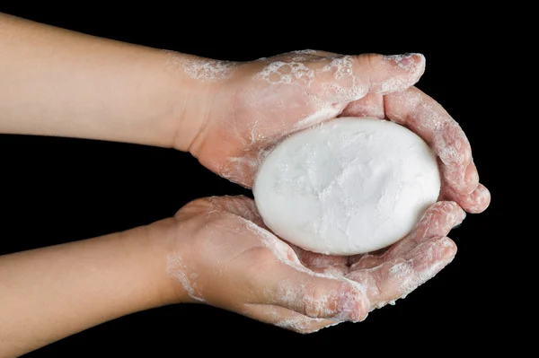 Lathered hands and soap — Stock Photo, Image