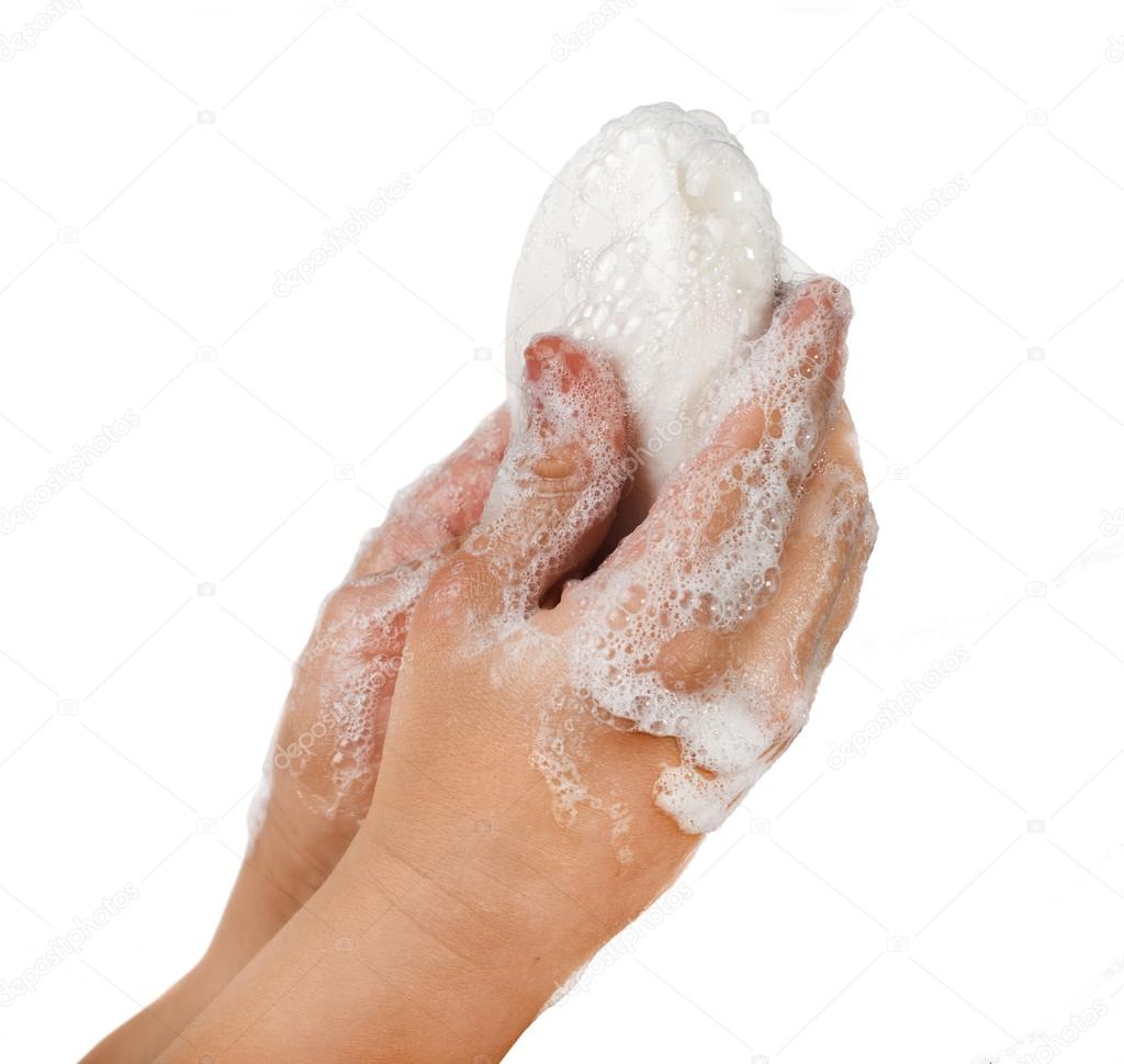 Lathered hands and soap
