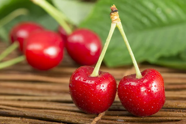 Cerejas e ramos com folhas — Fotografia de Stock