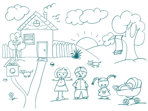 가족과 집 스케치 — 스톡 사진