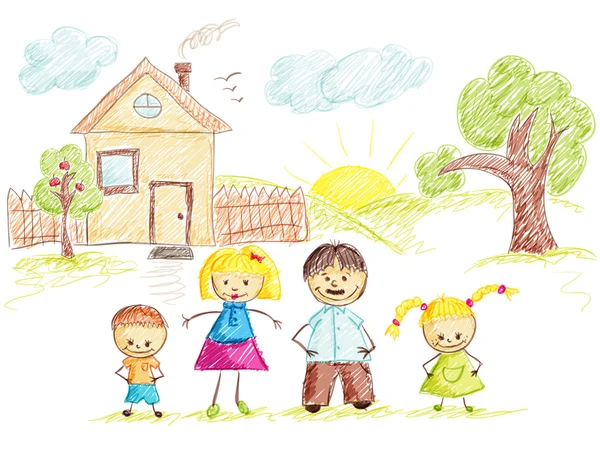 Familie und Haus Skizze Farbe — Stockfoto