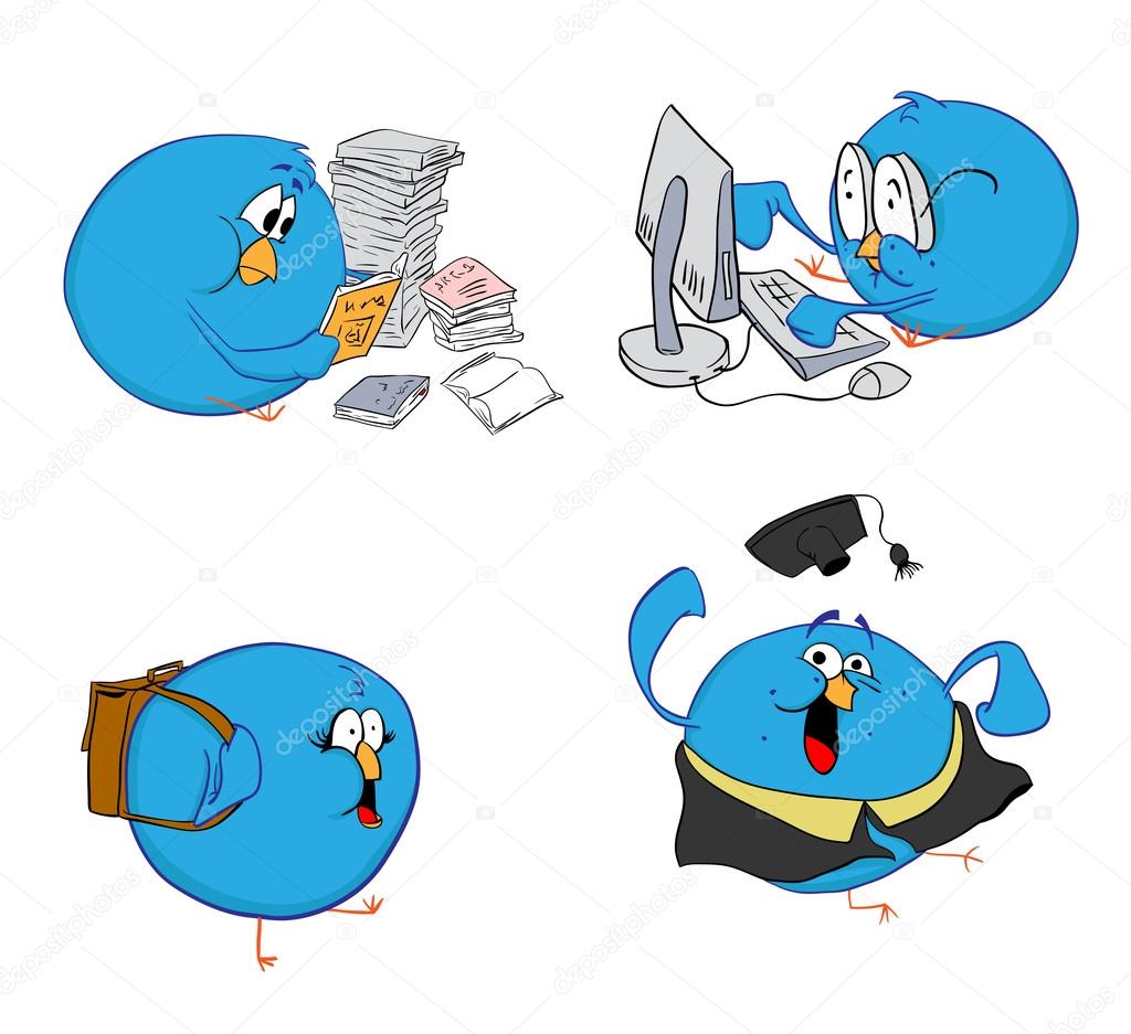 Four blue birds do their studies. All birds are implemented as separate images. Can be used as promotion of social networks or logo tweeter. illustration isol