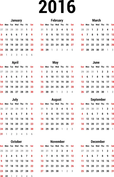 Calendário 2016 — Vetor de Stock