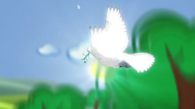 karikatür manzara ve çiçeklerle dekoratif güvercin