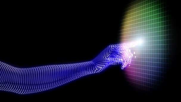 Cenário futurista de alta tecnologia com mão de mulher tocar a tela holográfica — Vídeo de Stock
