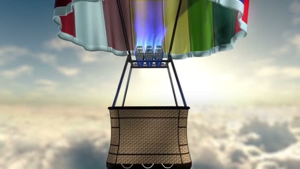 Flying aerostat with basket, sun flare and cloud layer, — Stock Video