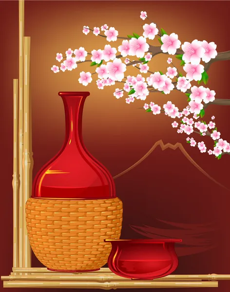 Giappone stile tradizione con sake, fiori, bambù — Vettoriale Stock