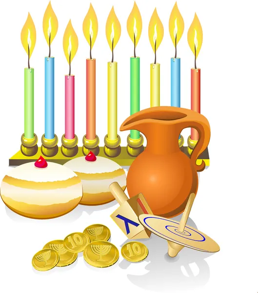 Hanukkah kaarsen, donuts, olie werper en spinnen terug naar boven — Stockvector