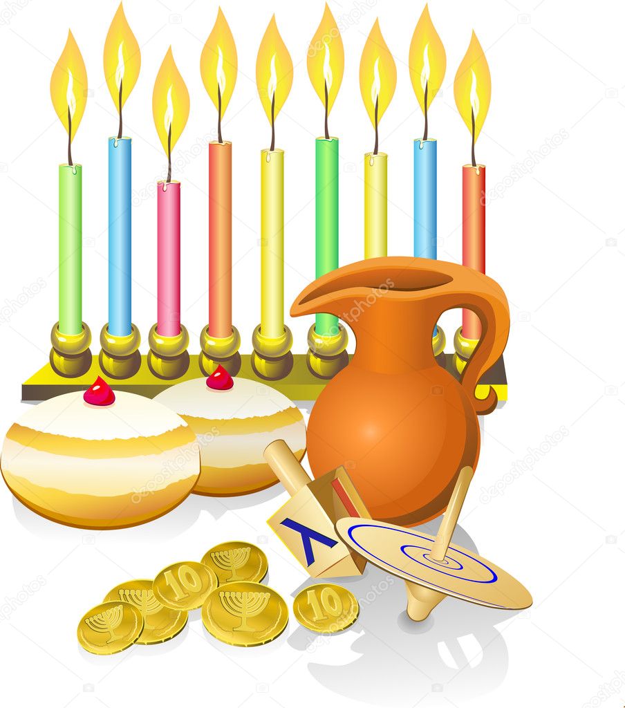 Hanukkah candles, donuts, oil pitcher and spinning top