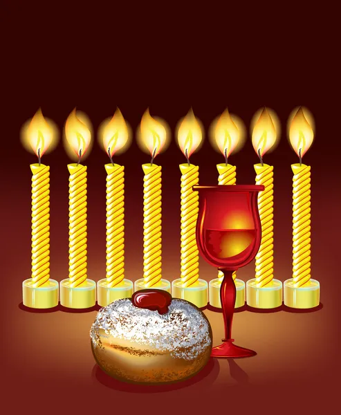 Hanukkah achtergrond met kaarsen, donuts en wijnglas — Stockvector