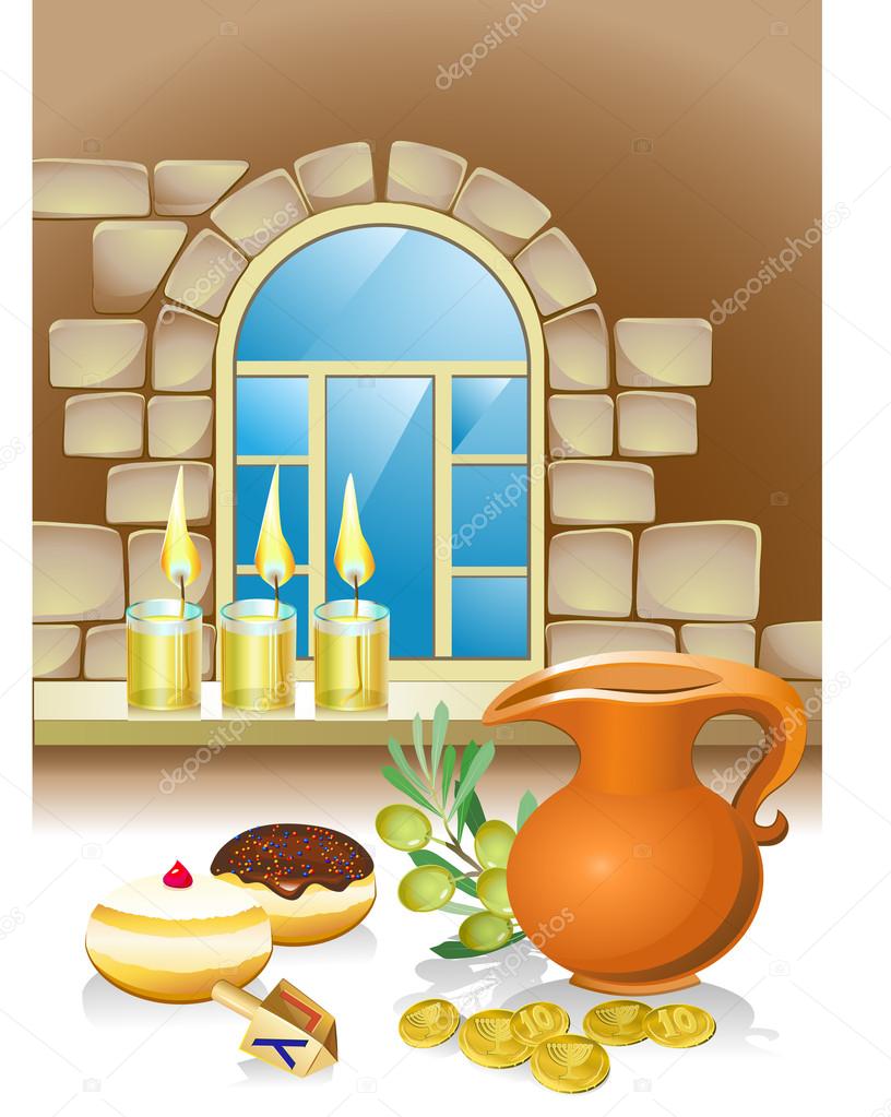 Hanuka still life background with candles, donuts, window