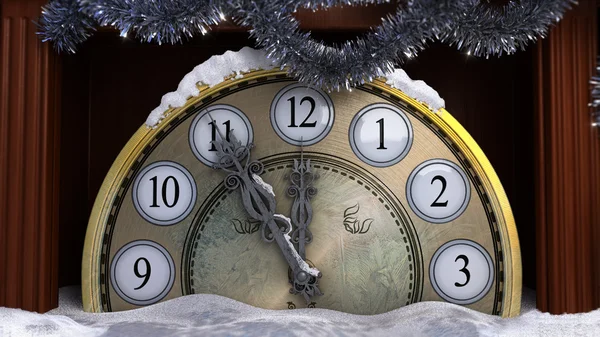 Happy New Year background with old clock in snow — Stock Photo, Image