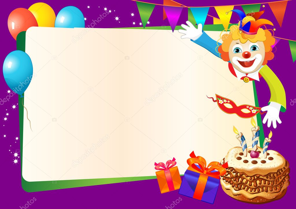 Birthday decorative border with cake, candles, balloons and clown