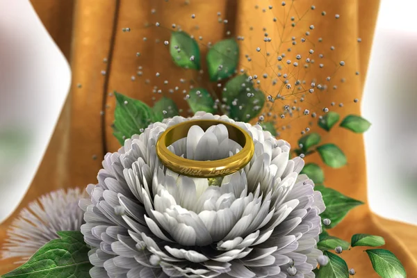 Isoleren op witte vakantie en bruiloft achtergrond met chrysant en ring — Stockfoto