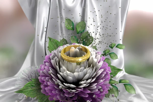 Holiday and wedding background with chrysanthemum and ring — Stock Photo, Image