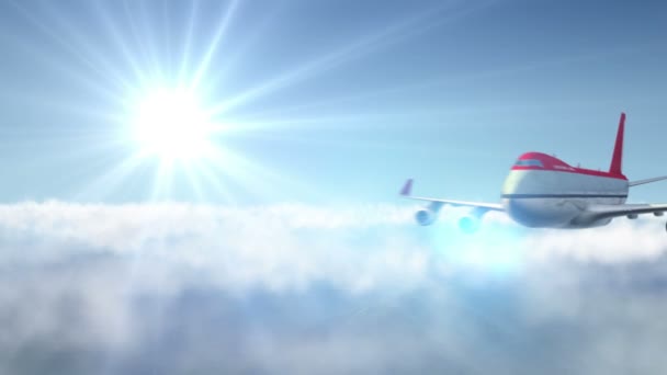 Анімований вступ з літаком, що літає над горами пейзаж і сонячне полум'я — стокове відео