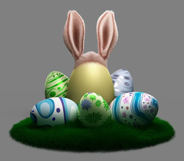 Decorated Easter eggs on the grass with — Stock Photo, Image