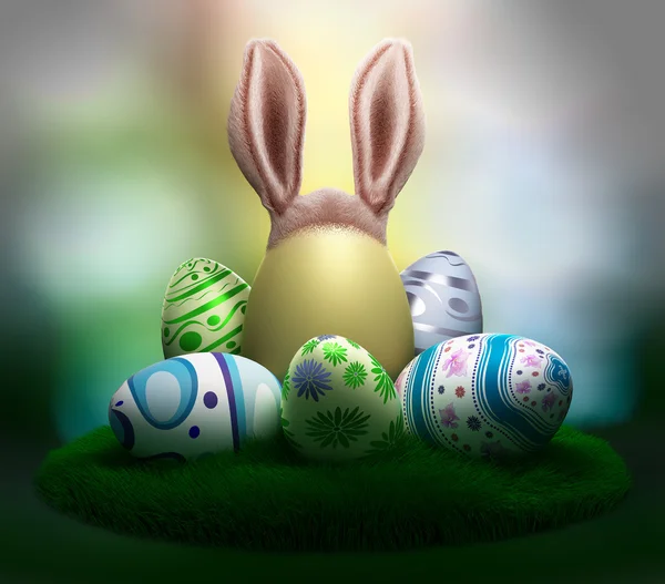Decorated Easter eggs on the grass with — Stock Photo, Image