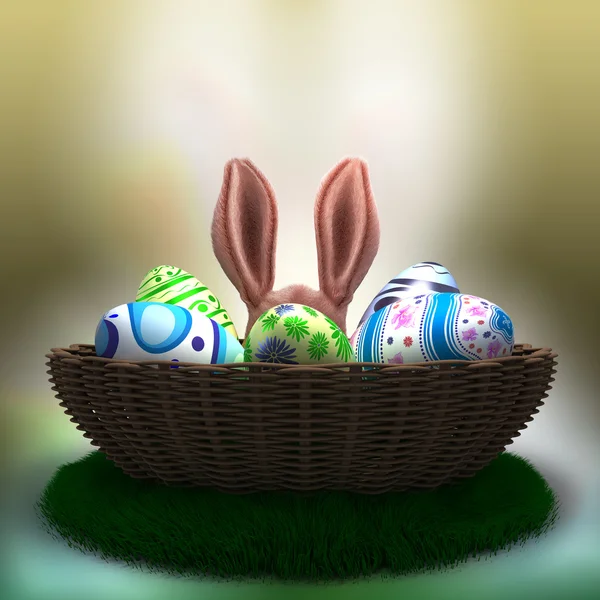 Huevos de Pascua decorados en la hierba en la cesta —  Fotos de Stock