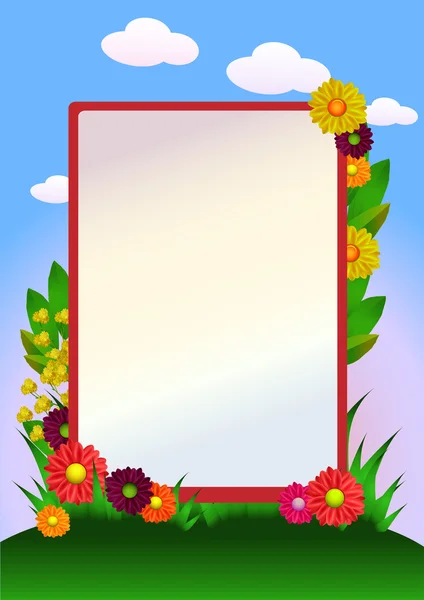 Flowers border with grass and sky — Stock Vector