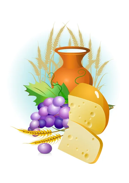 Set of food, grapes, cheese ,milk — Stock Vector