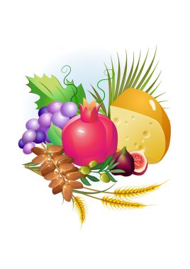 Shavuot İbranice tatil seti. Yemek, üzüm, peynir, palmiye yaprakları.