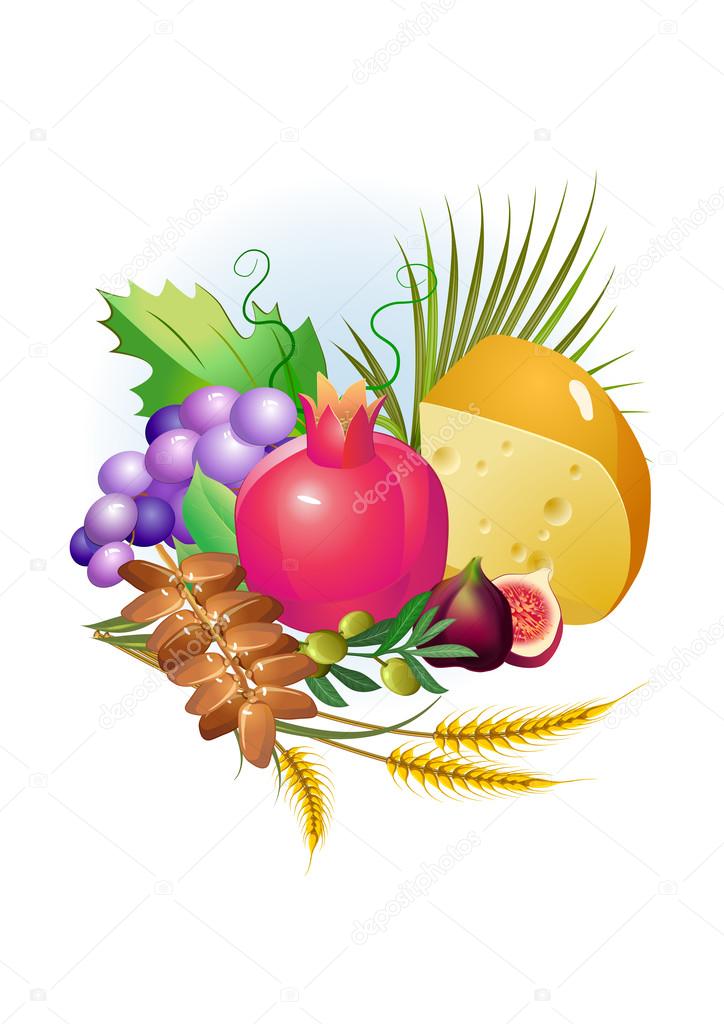 shavuot hebrew holiday set of food, grapes, cheese, palm leaves