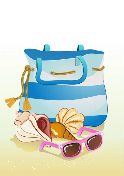 Παραθαλάσσιες καλοκαιρινές διακοπές φόντο με άμμο, τσάντα, όστρακα και γυαλιά ηλίου — Διανυσματικό Αρχείο