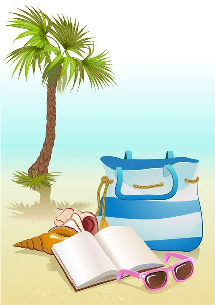 Sommerurlaub am Meer mit Palme, Tasche, Sonnenbrille — Stockvektor