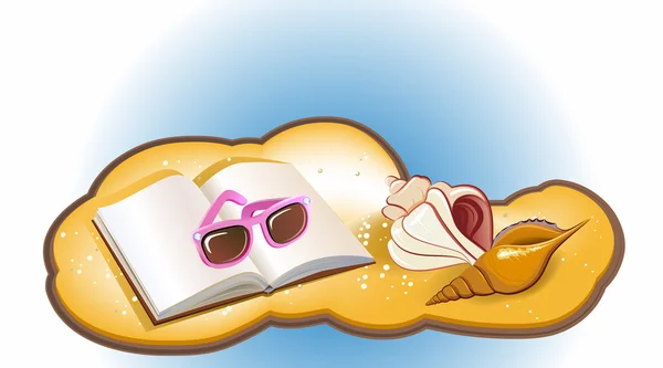 Kum, kitap, kabukları ve güneş gözlüğü ile deniz yaz tatil arka plan — Stok Vektör