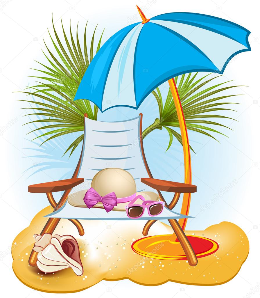 Seaside summer holiday background with palm,chair,umbrella,hat, shells and sunglasses