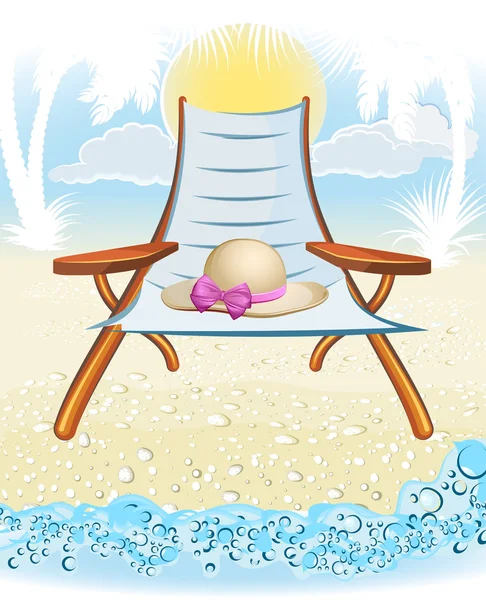 Sommerurlaub am Meer Hintergrund mit Hut, Palme, Stuhl — Stockvektor