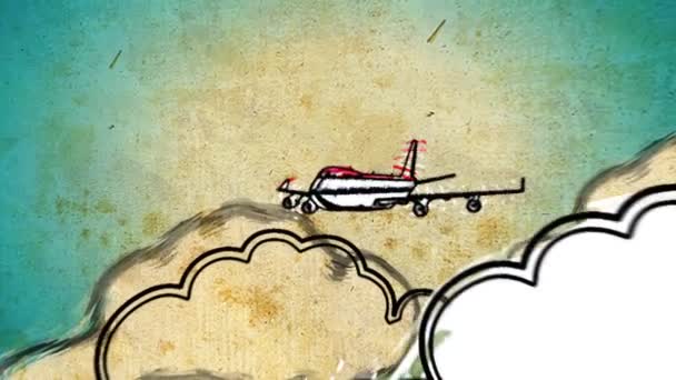 Imágenes decorativas de dibujos animados de turismo Europa con aviones y nubes — Vídeo de stock