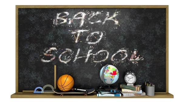 Affiche de rentrée scolaire avec texte sur tableau, éléments sportifs et éducatifs — Photo