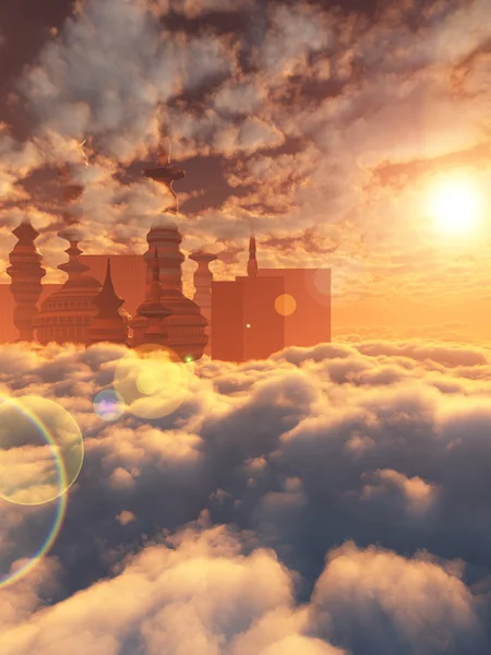 Aerial view of Sci Fi City with clouds and sun — Stock Photo, Image