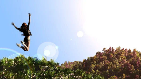 Chica feliz salta al cielo en el prado amarillo como concepto de salud —  Fotos de Stock