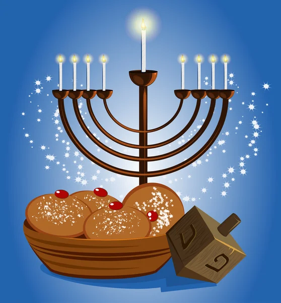 Świece hanukkah z tradycyjnymi pączkami — Wektor stockowy