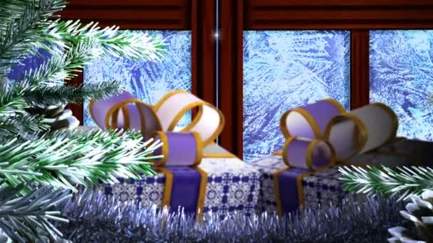 New years gift with open window and decoration sale background — Stock Video