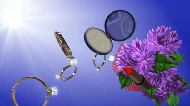 Confezione regalo rotante per le vacanze con accessori per il trucco e fiori e maschera isolata — Video Stock