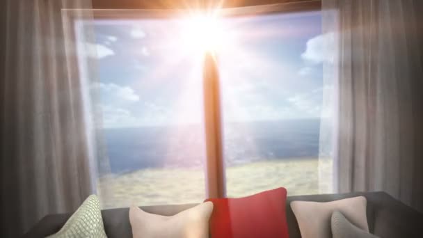 Animációs koncepció nyaralás háttérrel, nyitott ablak és tengerparti kilátással az óceánra — Stock videók