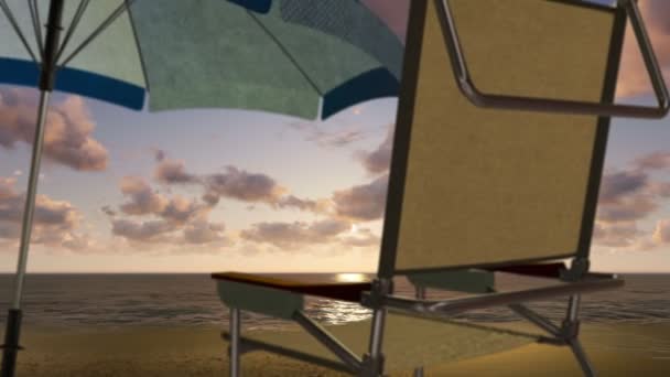 Концепція відпочинку фон морський пляж зі стільцем і черепашками — стокове відео