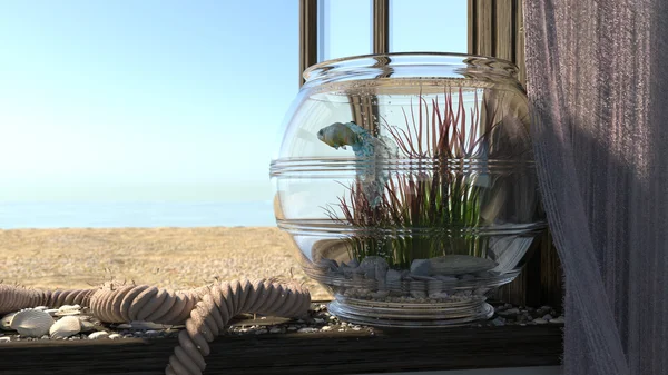 Fondo conceptual con mar de playa, ventana, peces y acuario — Foto de Stock