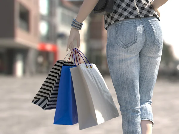 Walking shopping woman holding bag on the city square close up — Stock Photo, Image