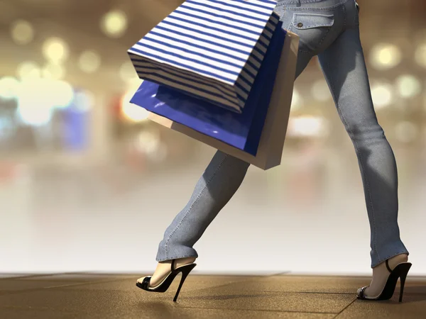 Caminando mujer de compras sosteniendo bolsa en la plaza de la ciudad de cerca — Foto de Stock