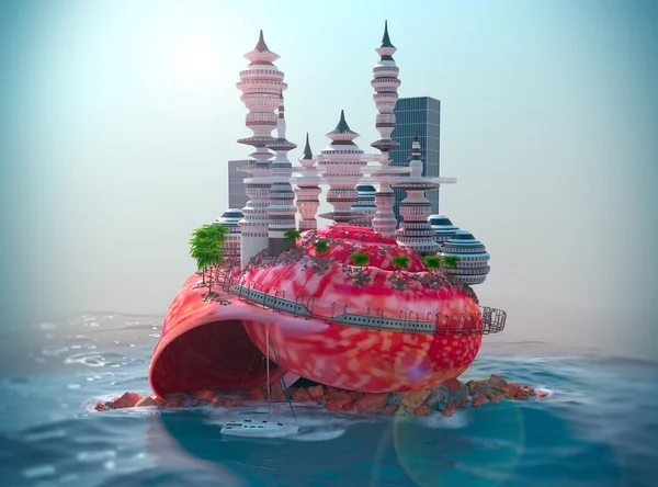 Relajante fondo concepto de vacaciones con concha marina y ciudad futurista ecológica —  Fotos de Stock
